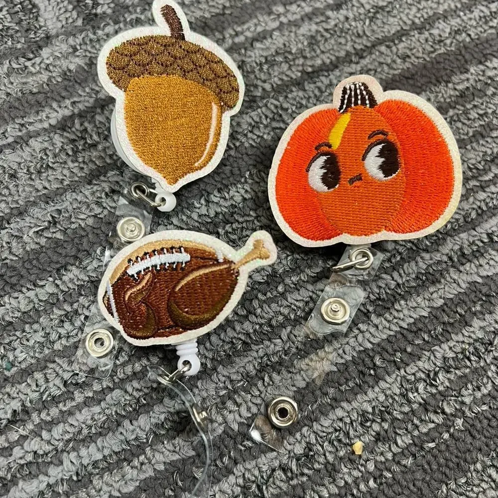 3 Pc Thanksgiving Retractable Badge Reel Set Acorn Pumpkin Turkey Fall ID Holder